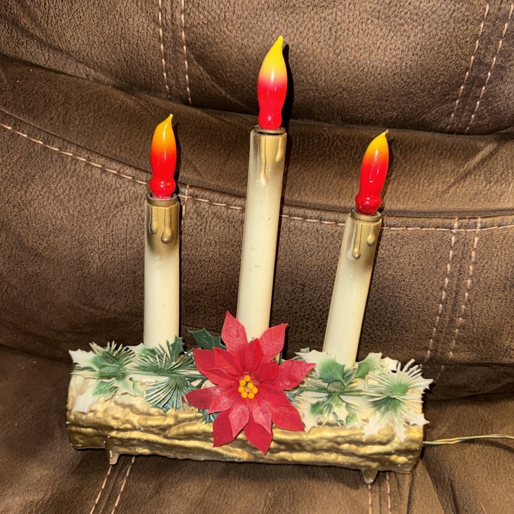 Vintage Christmas Electric 3 Candle Log Table Decoration Blow Mold Lighted